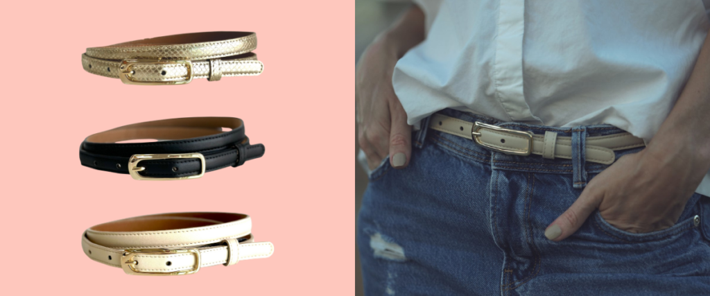 Skinny apple leather belts in ivory, gold, and black from BHAVA