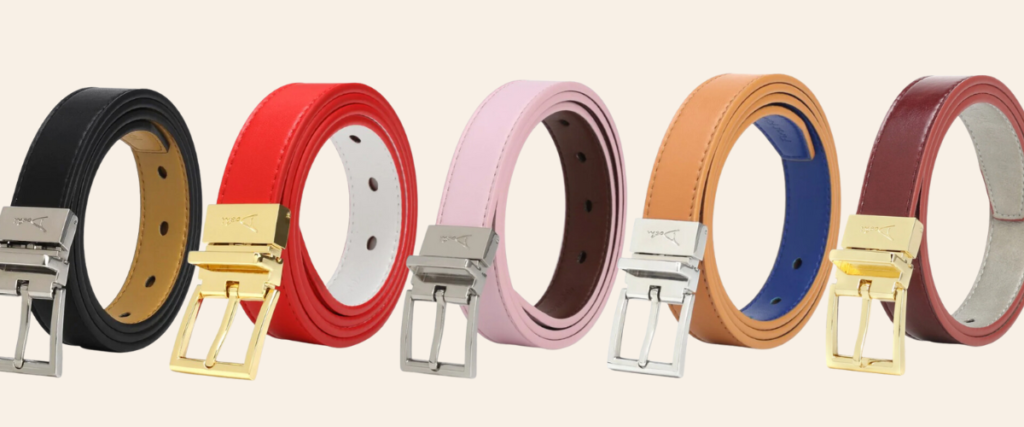 Colorful, reversible vegan leather belts from Doshi