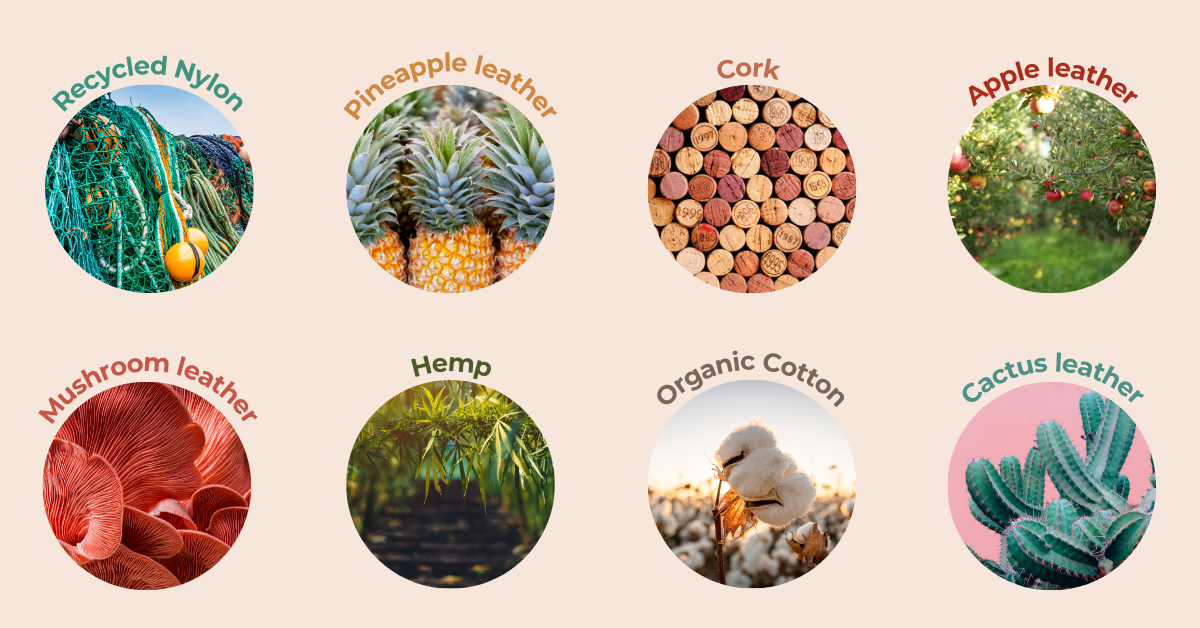 Image showing different vegan materials including recycled nylon, pineapple leather, cork, apple leather, mushroom leather, hemp, organic cotton, and cactus leather